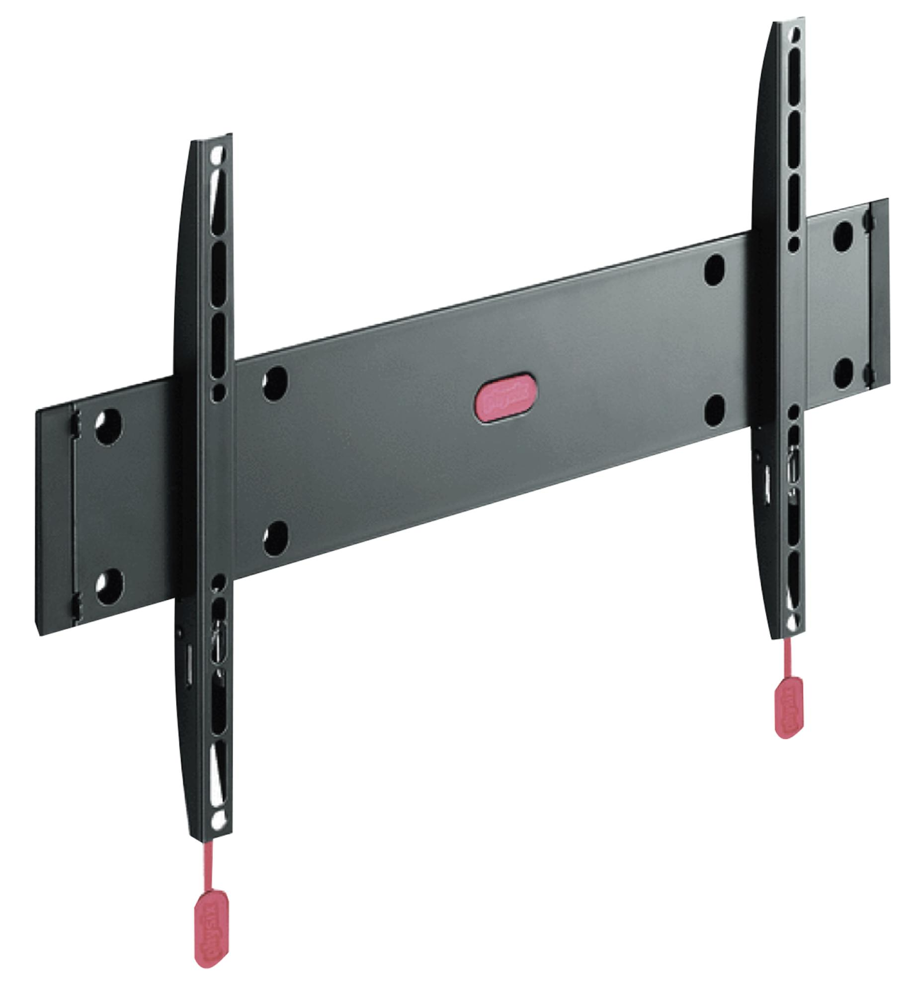 Soporte de pared para TV negro. Dos brazos verticales con indicadores de nivel rojos. Una barra horizontal central.