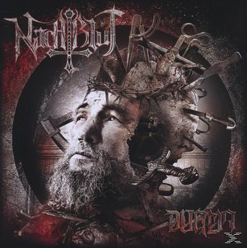 Albumcover mit einem Männergesicht, mehreren Schwertern und Kreuzen. Bandname ist 'Nachtblut', Album 'Dunkel'.