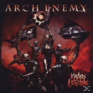 Albumcover. Bandmitglieder halten Fahnen, roter Hintergrund. Text: 'ARCH ENEMY - Khaos Legions'.