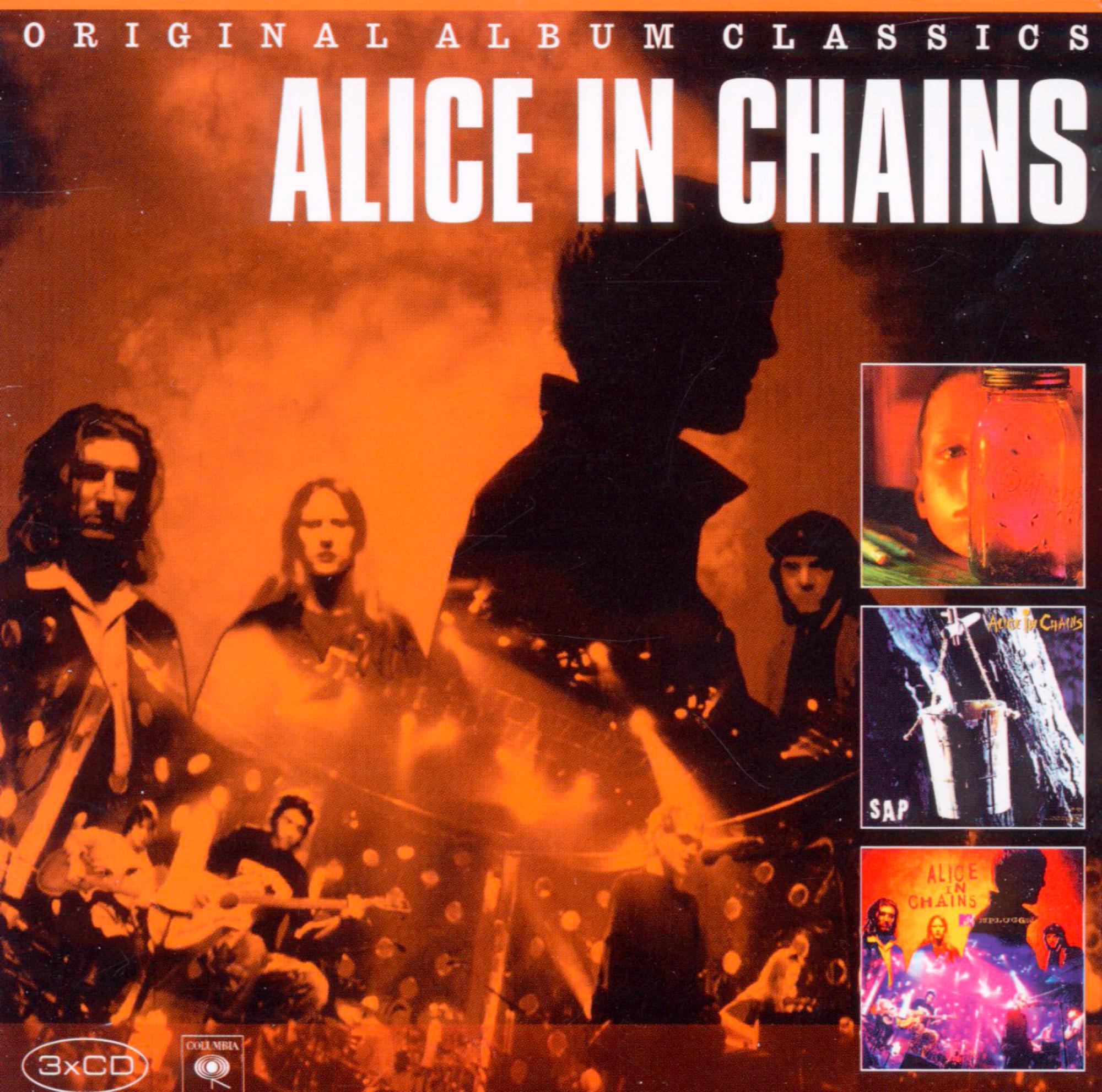 Az Alice In Chains album borítója. Sziluett figurák tüzes narancssárga háttér előtt, a zenekar logójával.