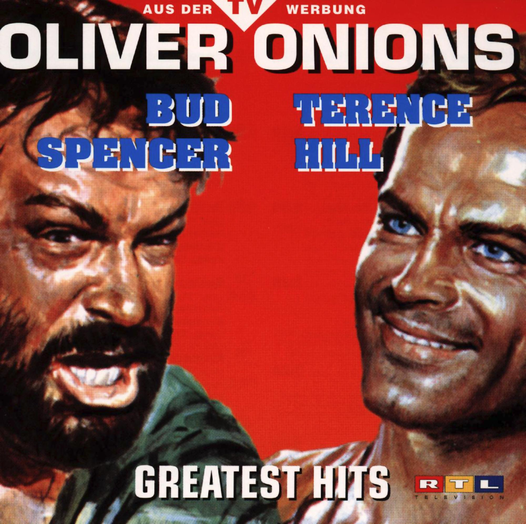 Oliver Onions Albumcover: Bud Spencer und Terence Hill, roter Hintergrund, Text oben und unten.