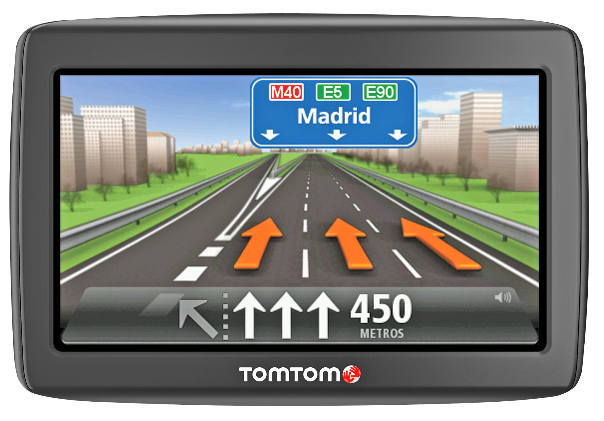 Dispositivo GPS que muestra una carretera con flechas que apuntan hacia Madrid.