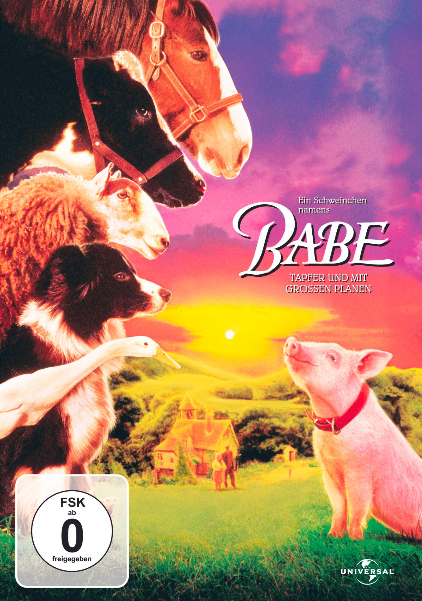 DVD-Cover für Babe mit Schwein, Pferd, Schaf und Hund, die das Schwein ansehen.