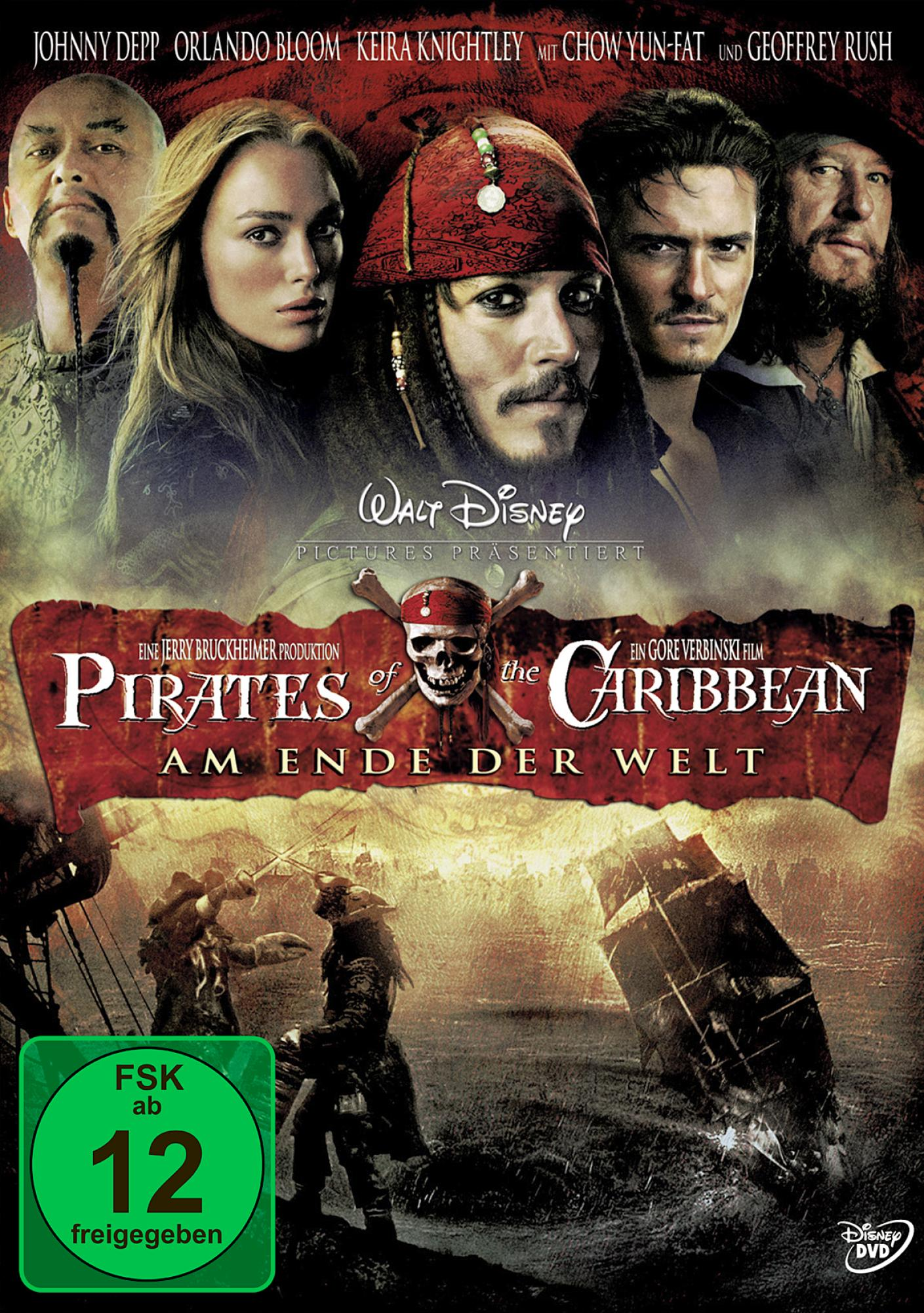 Fluch der Karibik DVD-Cover, Schauspieler, Schiff, Text auf Deutsch.