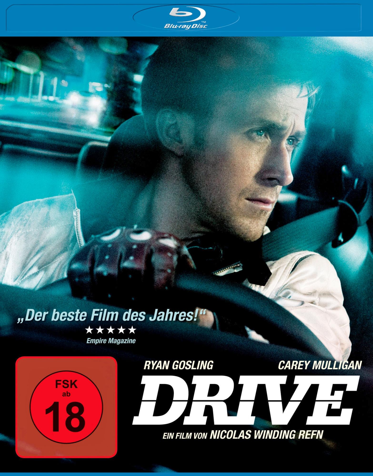 DVD-Cover des Films 'Drive', mit Ryan Gosling, intensiv blickend, in einem Auto. Rotes Etikett.