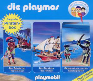 Boxset-Cover für Playmobil. Drei Szenen aus einer Piraten-Geschichte.