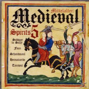Mittelalterliche Illustration von Reitern mit Schwertern. Text: Medieval Spirits 5.