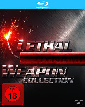 Blu-ray-Disc-Cover, Titel 'Lethal Weapon Collection', mit einer Zündschnur und Funken.