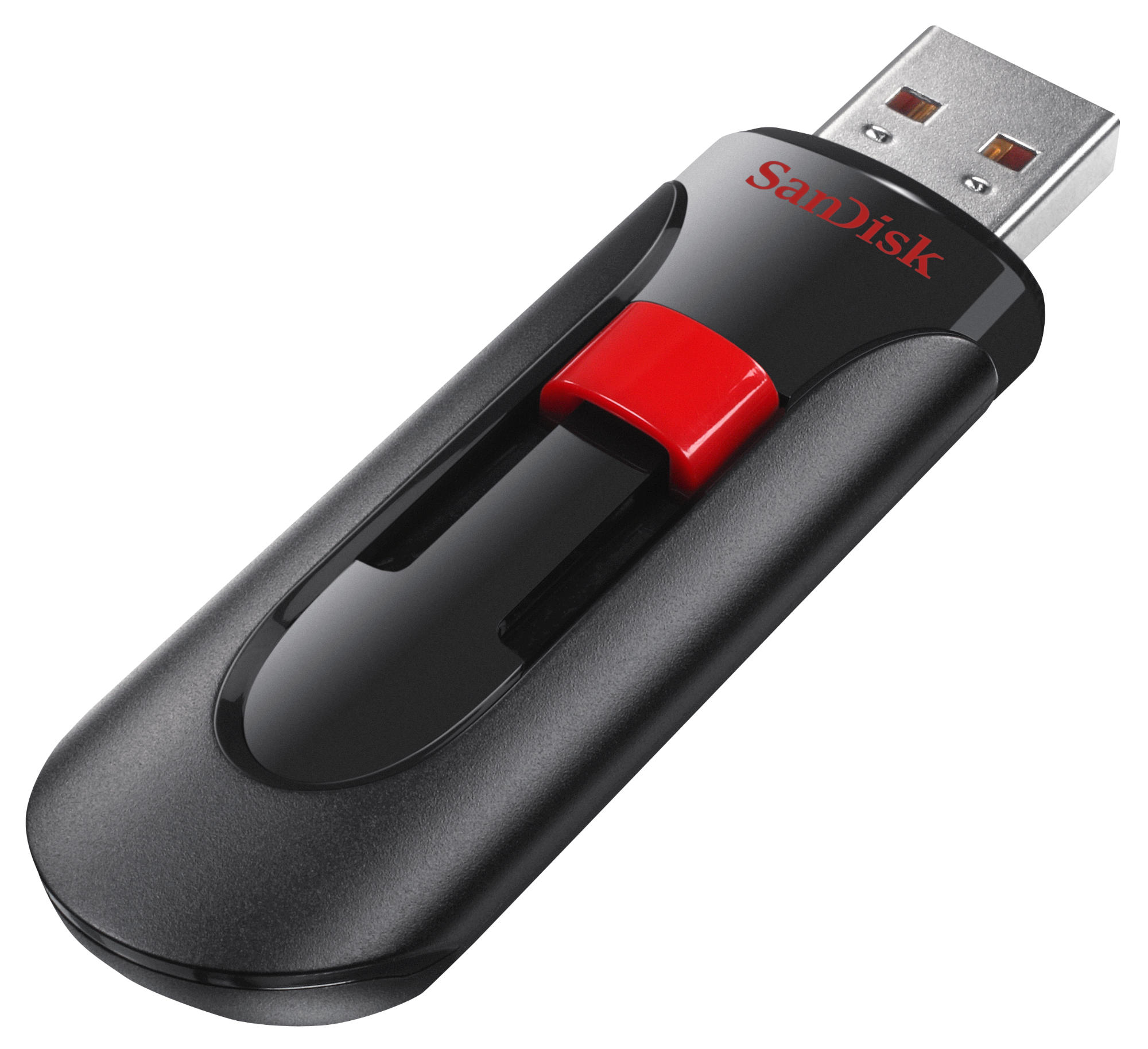 Kırmızı bir düğmesi olan siyah bir USB flash sürücü ve üzerinde 'SanDisk' markası.
