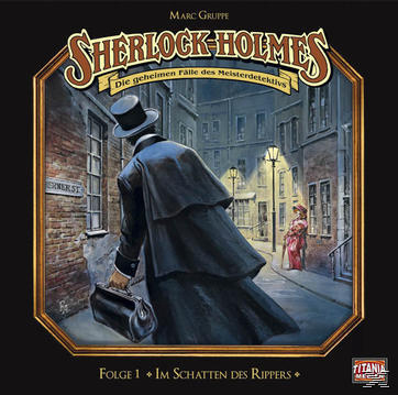 Cover eines Sherlock-Holmes-Spiels. Ein Mann in Mantel und Hut geht eine Straße entlang, eine Frau in rotem Kleid.
