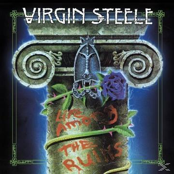 Eine Steinsäule mit einer blauen Rose und dem Schriftzug 'Virgin Steele' am oberen Rand.