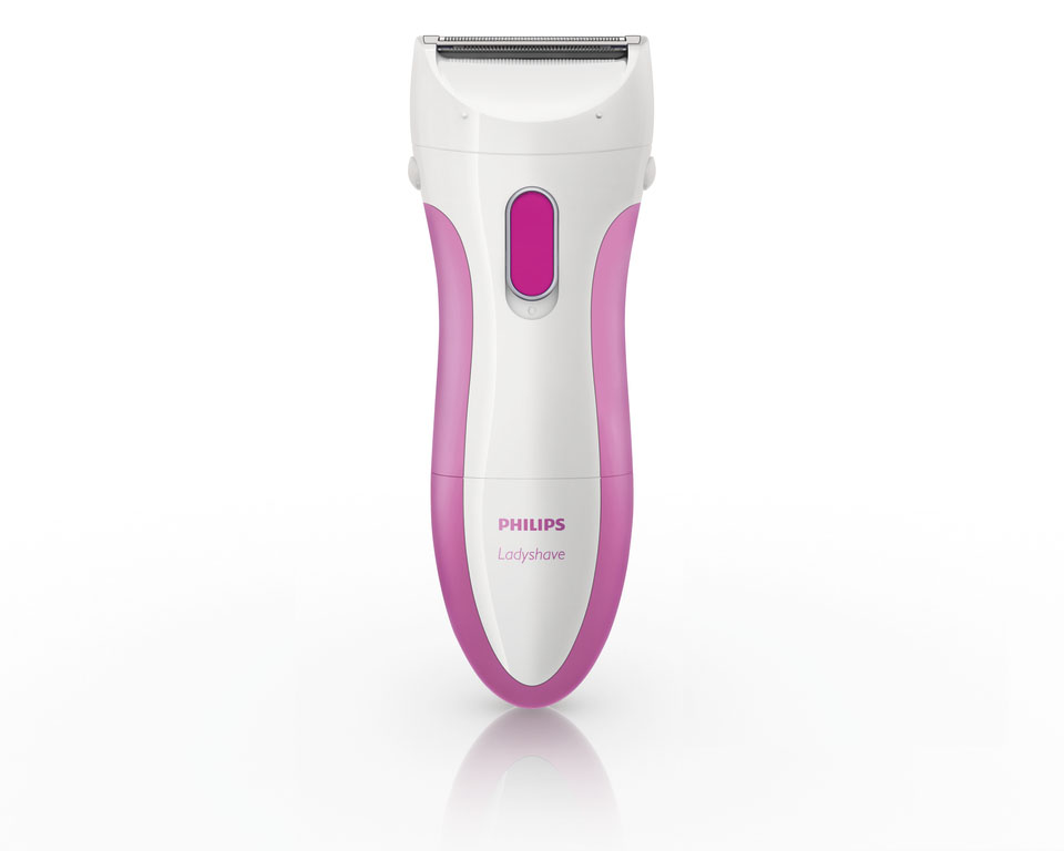 Rosa-weißer Philips Ladyshave Elektrorasierer. Er befindet sich auf weißem Grund.