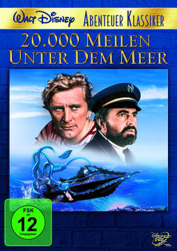 DVD-Cover, 20.000 Meilen unter dem Meer. Zwei Männer, U-Boot und ein Oktopus im Ozean.