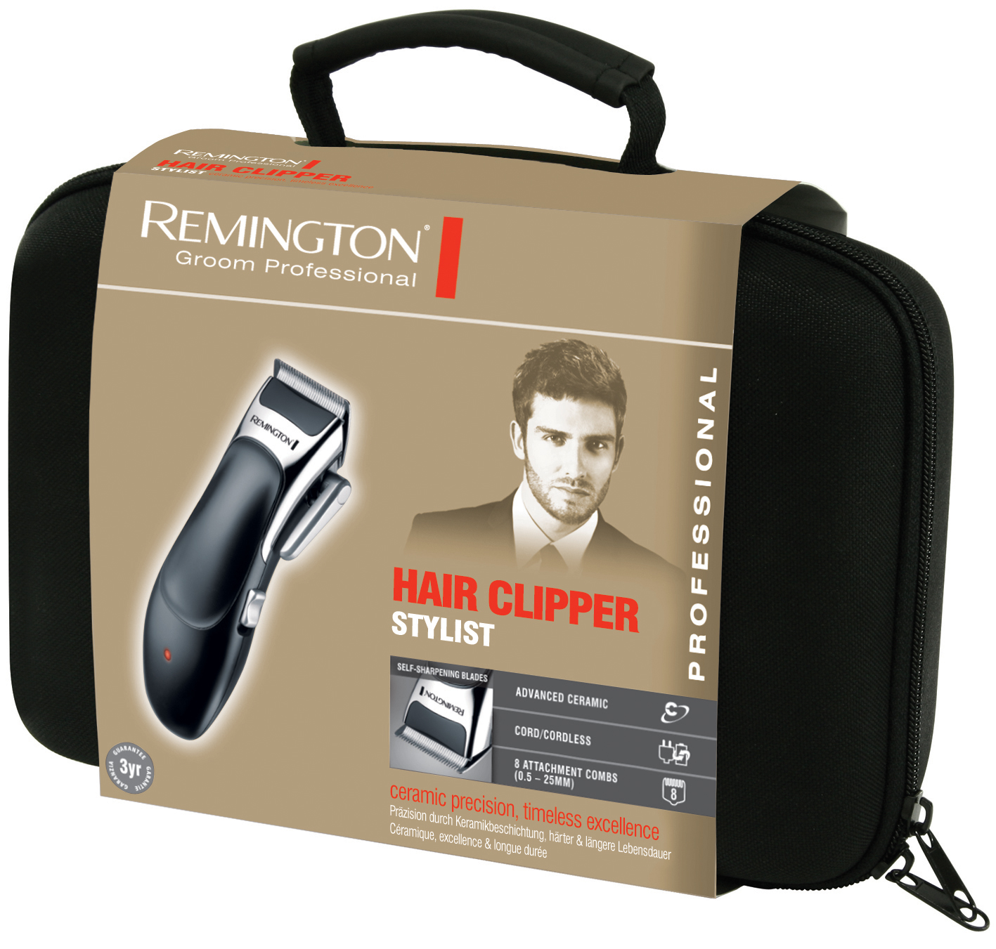 Remington Haarschneide-Set in schwarzem Koffer. Enthält Clipper, Zubehör und ein Männergesicht.