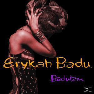 Erykah Badu albumborító. Fejkendős nő. Cím: Baduizm. Fekete háttér. Sárga és lila szöveg.