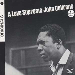 Schwarz-weiß Albumcover von John Coltrane, mit dem Text "A Love Supreme".