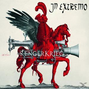 Albumcover von In Extremo. Ein roter Ritter reitet ein rotes Pferd mit einer Nähmaschine und Hörnern.
