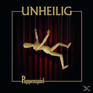 Albumcover mit einer Holzpuppe, die an Fäden vor einem roten Vorhang hängt. Text: 'Unheilig - Puppenspiel'.