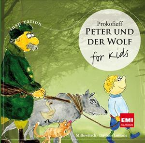 Illustration von Prokofieffs Peter und der Wolf. Mann mit Wolf und Junge gehen.