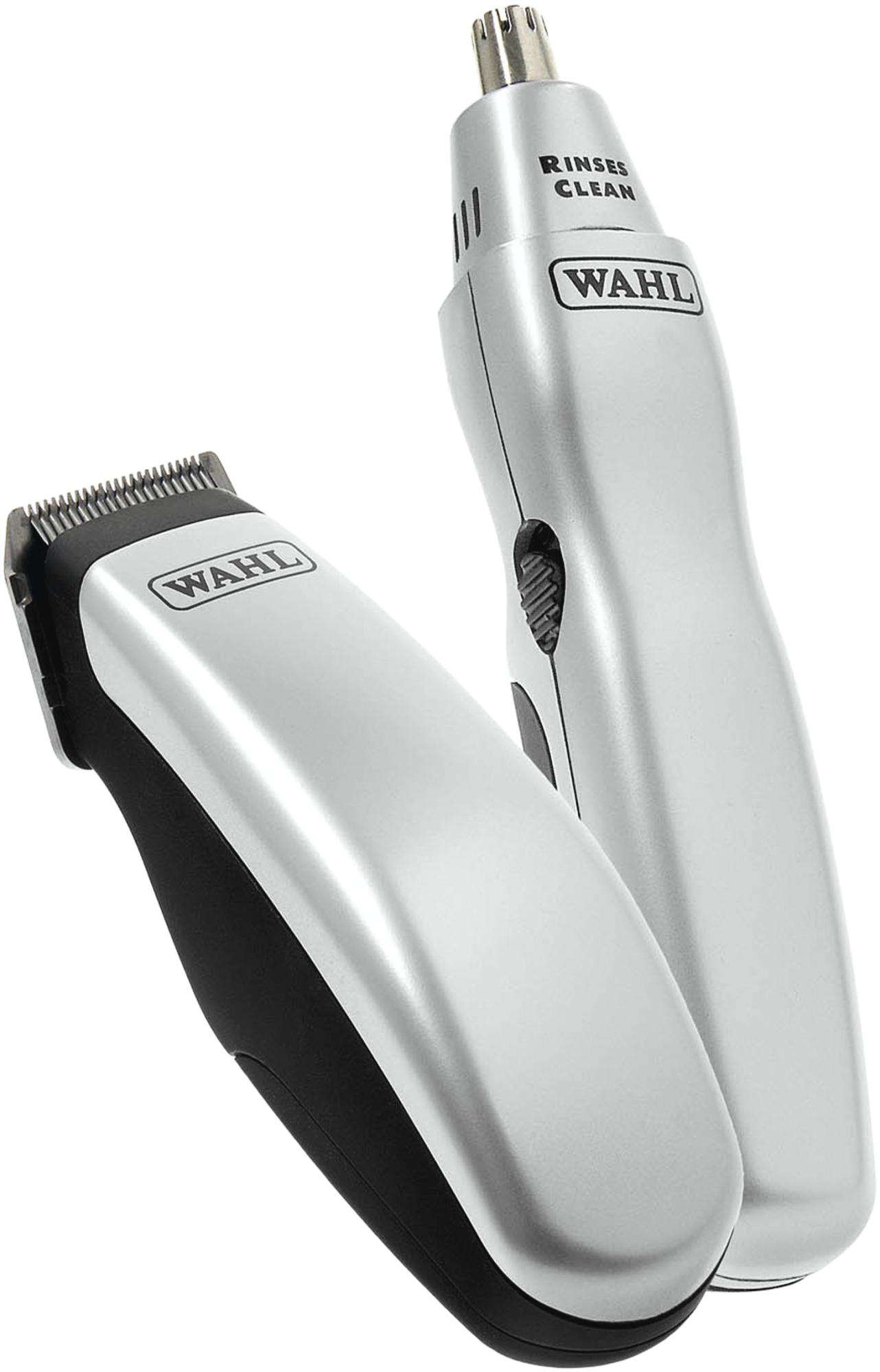 Zilveren Wahl tondeuse en neushaartrimmer tegen een witte achtergrond. De apparaten staan schuin.