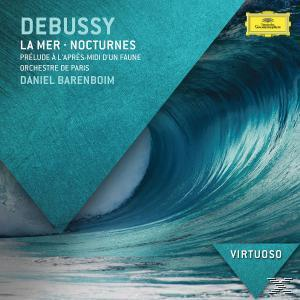 Albumcover mit einer sich kräuselnden Welle, türkisfarbenen Formen und Text. Das Album ist Debussy: La Mer.