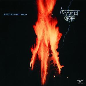 Albumcover: 'Accept, Restless and Wild'. Brennende Gitarre in Flammen mit dunklem Hintergrund.