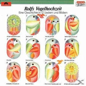 CD-Cover mit 12 Vogelillustrationen in ovalen Rahmen. Text auf Deutsch: Rolfs Vogelhochzeit, Eine Geschichte...