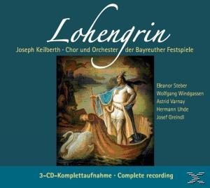 Lohengrin Albumcover. Gemälde eines Ritters in einem Boot, Schwan und Frau. Türkisfarbener Hintergrund.