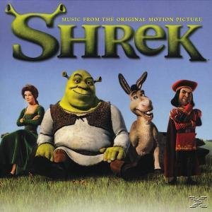 Filmmotiv von Shrek. Shrek, Fiona, Esel und Lord Farquaad stehen auf Gras. Der Titel 'Shrek' ist darüber.