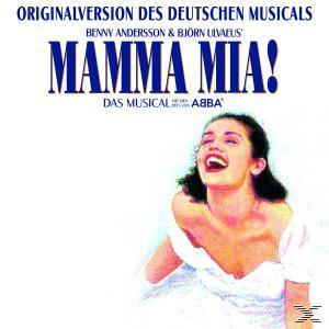 Albumcover für das Musical 'Mamma Mia!', lachende Frau auf weißem Hintergrund, Text darüber.