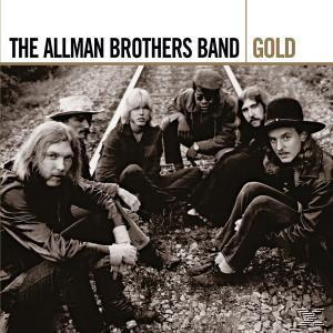 Album borító: The Allman Brothers Band a síneken ül, szépia tónus, 'Gold' cím.