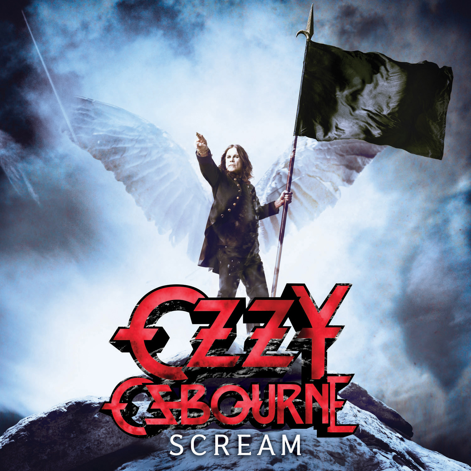 Ozzy Osbourne mit schwarzer Flagge und Flügeln, rotes Logo: OZZY OSBOURNE SCREAM.
