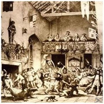 Eine künstlerische Schwarz-Weiß-Zeichnung. Menschen tanzen in einem Gebäude mit Balkon.