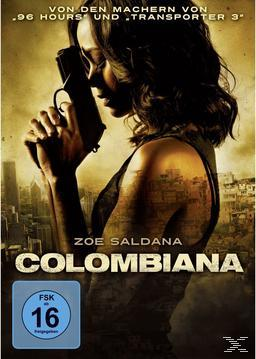 Colombiana DVD-Cover. Eine Frau hält eine Waffe. Stadt im Hintergrund. Text: Colombiana.
