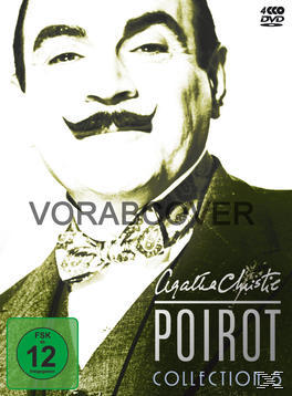DVD-Cover für Agatha Christies 'Poirot', mit Poirots Gesicht und Fliege.