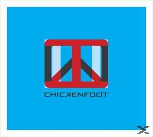 Logo für Chickenfoot, mit einem rot-schwarzen Design auf blauem Hintergrund.