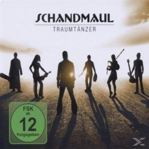 Cover eines Musikalbums Schandmaul - Traumtänzer, mit sechs Figuren im Schatten vor Sonnenuntergang.