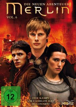 DVD-Cover für 'Merlin' Vol. 6. Drei Personen vor Feuer. Titel oben.