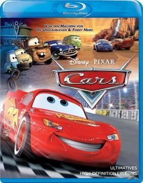 Cars Blu-ray-Cover mit Lightning McQueen, anderen Autos und einer Rennstrecke.