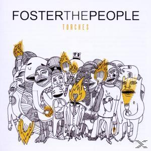 Albumcover für 'Torches' von Foster the People. Zeigt eine Menge illustrierter Figuren mit Fackeln.