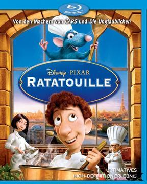 Ratatouille Blu-ray-Cover. Zeichentrickfiguren auf dem Cover, mit Stadtbild-Hintergrund.