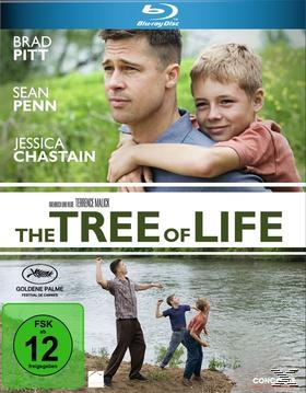 The Tree of Life Blu-ray-Cover. Brad Pitt und ein Kind im Vordergrund, darunter eine Flussszene.