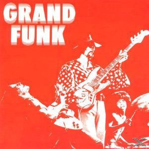 Albumhoes van 'Grand Funk', met een band in wit op een rode achtergrond.