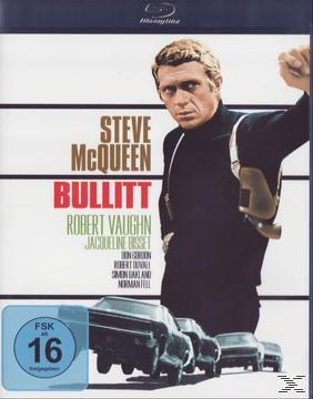 Filmcover von 'Bullitt' mit Steve McQueen, mit Autos in einer Verfolgungsjagd.