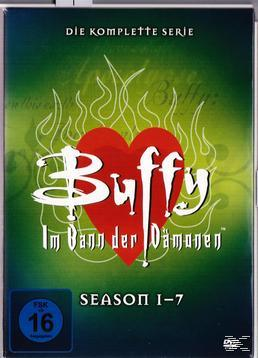 DVD-Cover für 'Buffy the Vampire Slayer: Staffel 1-7' mit Herz- und Flammendesign.