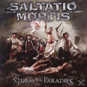 Albumcover mit Bandmitgliedern in einer Kriegsszene. Titel: Saltatio Mortis. Text: Sturm Aus Paradies.
