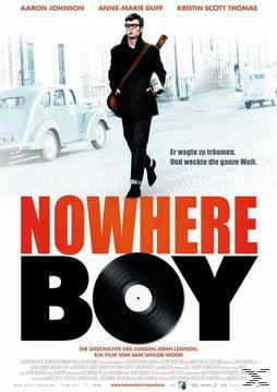 Nowhere Boy Filmplakat mit Mann mit Gitarre, Schallplatte unten.