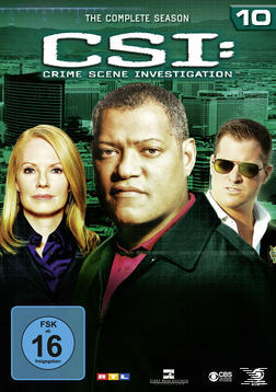 CSI: Crime Scene Investigation DVD-Cover, Staffel 10. Drei Personen vor Stadtkulisse.