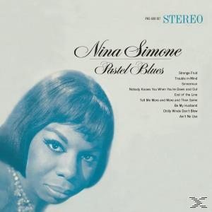 Nina Simone album borítója, 'Pastel Blues' címmel. A művész portréja kék tónusokkal és a számlista.
