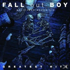 Fall Out Boy Albumcover. Umarmende Skelette auf dunkelblauem Hintergrund mit Gitarren.